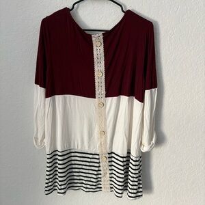 HOW CUTE Boutique Women's Burgundy and White Striped Top, Size 1X